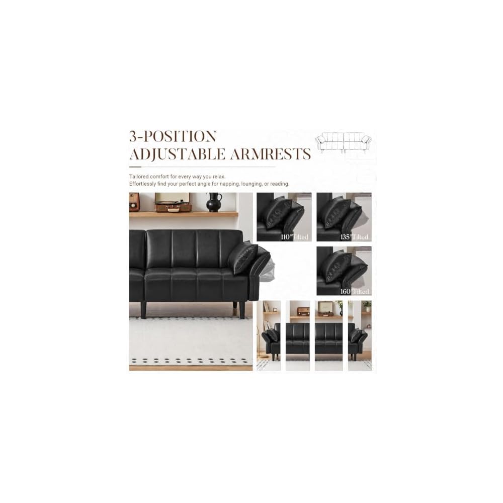 Faux Leather Futon Sofa Bed, Mid-Century Modern Loveseat Couch
