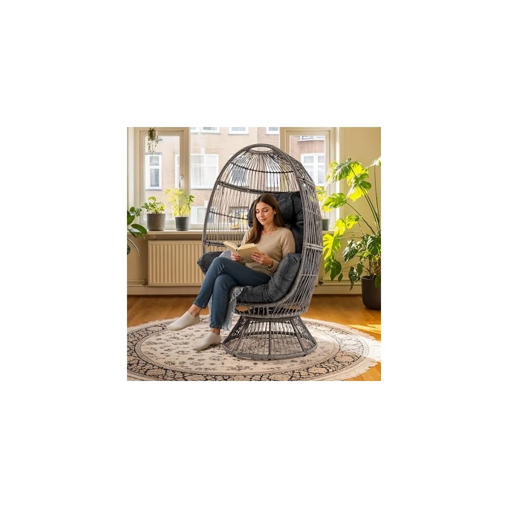 Heavy Duty 500 Lbs Capacity Oversized Wicker Egg Chair for Outside, UV 2000 Hours Material with Non-discolouring Fabric Cushion, Durable Against Water, Weather