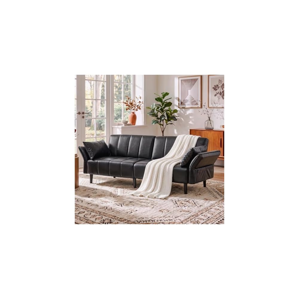 Faux Leather Futon Sofa Bed, Mid-Century Modern Loveseat Couch