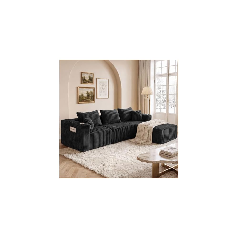 102" Boneless Modular Sectional Sofa 4 Seater Foam Sectional Corduroy Couch with Ottoman, Cup Holders & Side Storage Pockets, No Assembly Needed (Black, 102" L Shape)