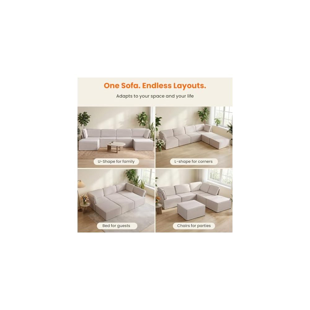 Modular Sectional Sofa, U Shaped Convertible Couch Sofa with Reversible Chaises, Queen Sleeper Sofa, Modular Oversized Sofa Couches for Living Room (Beige)