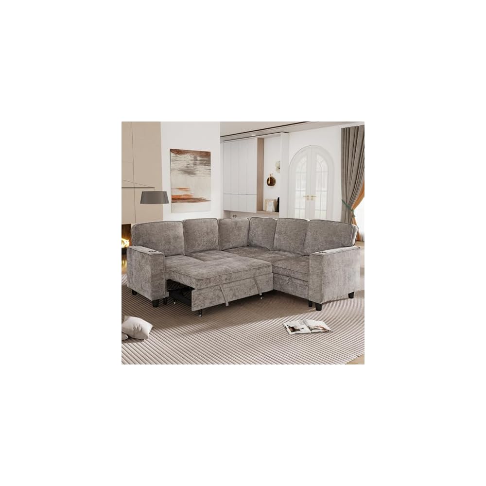 81" L-Shaped Oversized Chenille Modular Sectional Sleeper Sofa with Pull-Out Bed, Storage Seat, Modern 5-Seater Upholstered Couch Bed with Charging Station, Easy Assembly, for Living Room, Brown
