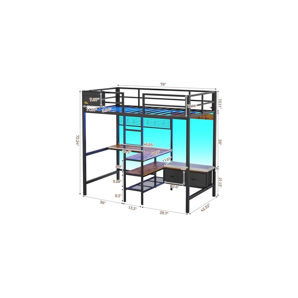 Twin Loft Bed with L-Shaped Desk,Storage Shelves and Charging Station Metal Loft Bed Twin Size with LED Lights,Coat Rack with Drawers and Stair,Top Bunk with Safety Guardrail for Teen,Black