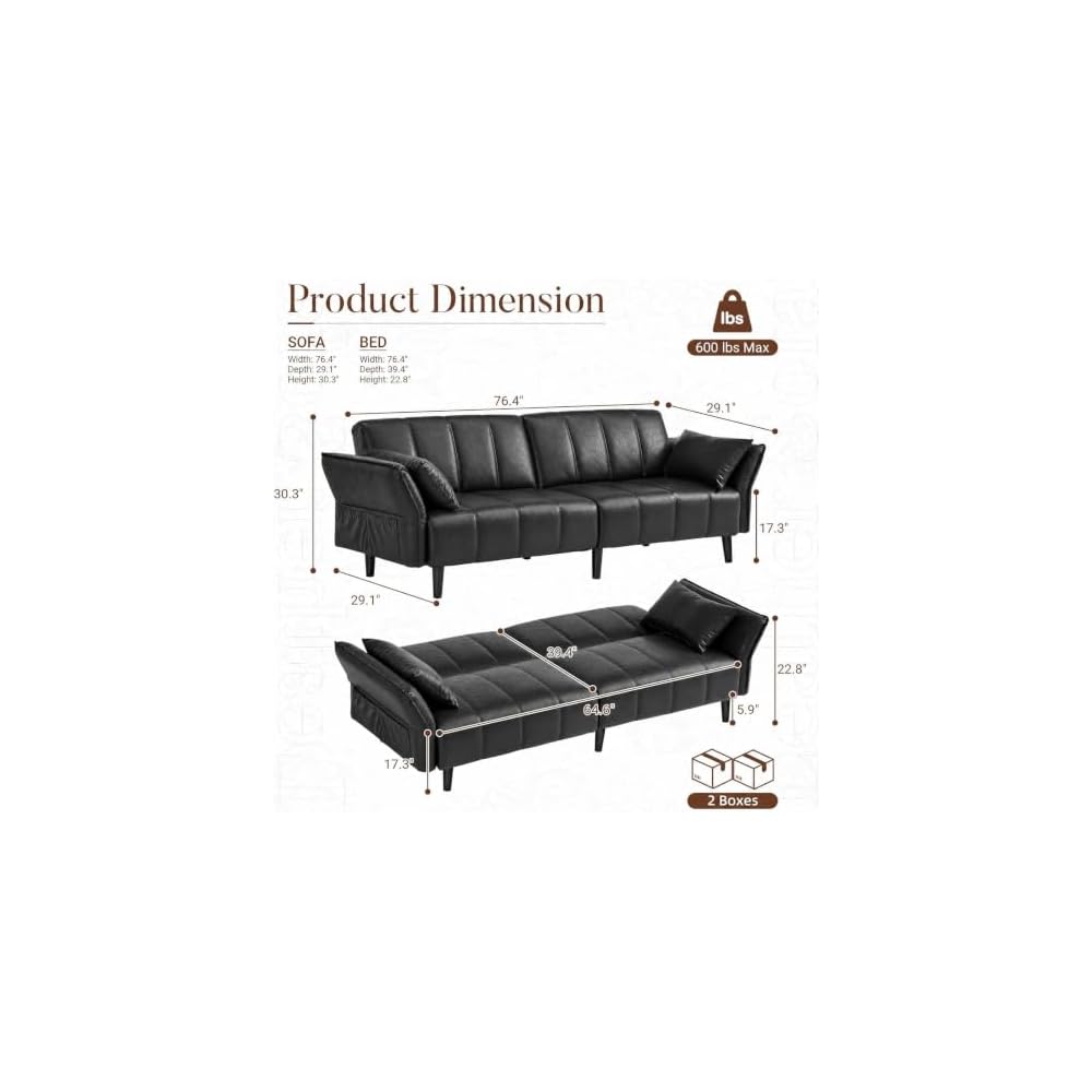 Faux Leather Futon Sofa Bed, Mid-Century Modern Loveseat Couch