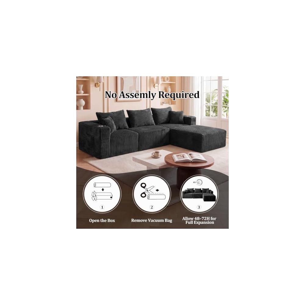 102" Boneless Modular Sectional Sofa 4 Seater Foam Sectional Corduroy Couch with Ottoman, Cup Holders & Side Storage Pockets, No Assembly Needed (Black, 102" L Shape)