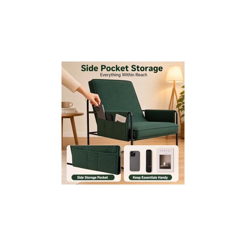 Modern Accent Chair with Armrests, Natural Cotton Cushions, Green