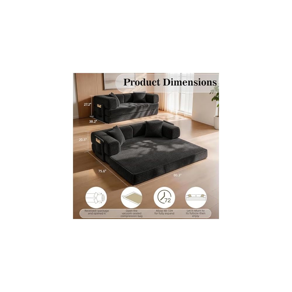 Futon Sofa Bed Boneless Couch for Living Room,Pull Out Couch with Sleeper Sofa,Day Bed Couch with Storage Pocket,Removable Corduroy with 2 Pillow