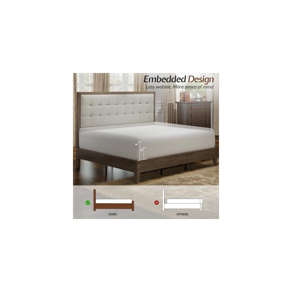 Solid Wood Queen Bed Frame,50" Upholstered Headboard,Ash Gray
