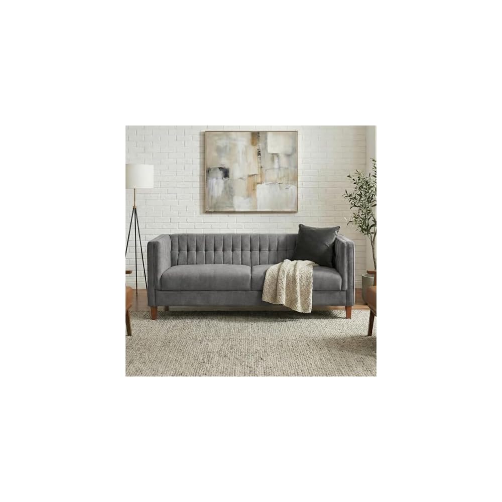 Modern 3 Seater Sofa 76 Inch Chenille Upholstered Couch with Curved Armrests Channel Tufted Back and Birch Wood Legs for Living Room Apartment, Gray