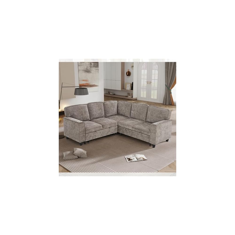 81" L-Shaped Oversized Chenille Modular Sectional Sleeper Sofa with Pull-Out Bed, Storage Seat, Modern 5-Seater Upholstered Couch Bed with Charging Station, Easy Assembly, for Living Room, Brown
