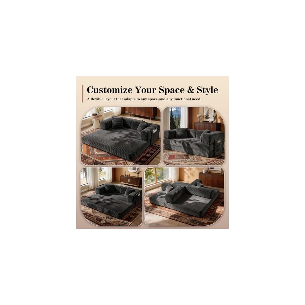 Futon Sofa Bed Boneless Couch for Living Room,Pull Out Couch with Sleeper Sofa,Day Bed Couch with Storage Pocket,Removable Corduroy with 2 Pillow