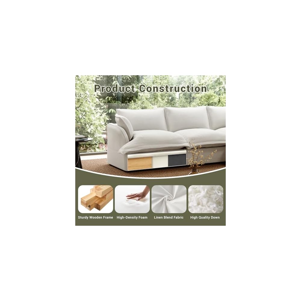 Linen Blend Cloud Couch Sectional for Living Room, Comfy Down Filled Cloud Modular Sectional Sofa, Modern Convertible Deep Seat Modular Couch Sleeper Sofa Bed, Removable & Washable Covers