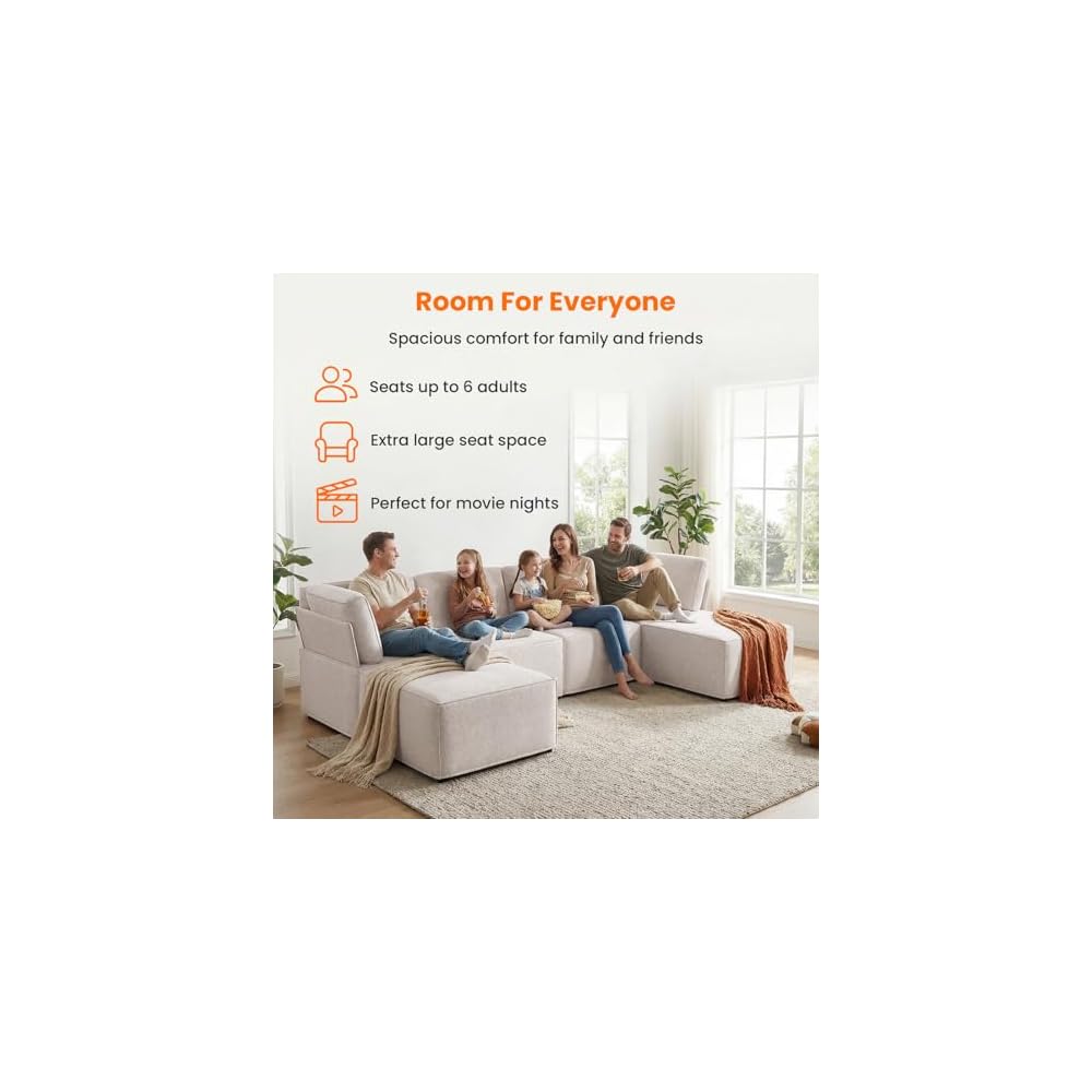 Modular Sectional Sofa, U Shaped Convertible Couch Sofa with Reversible Chaises, Queen Sleeper Sofa, Modular Oversized Sofa Couches for Living Room (Beige)