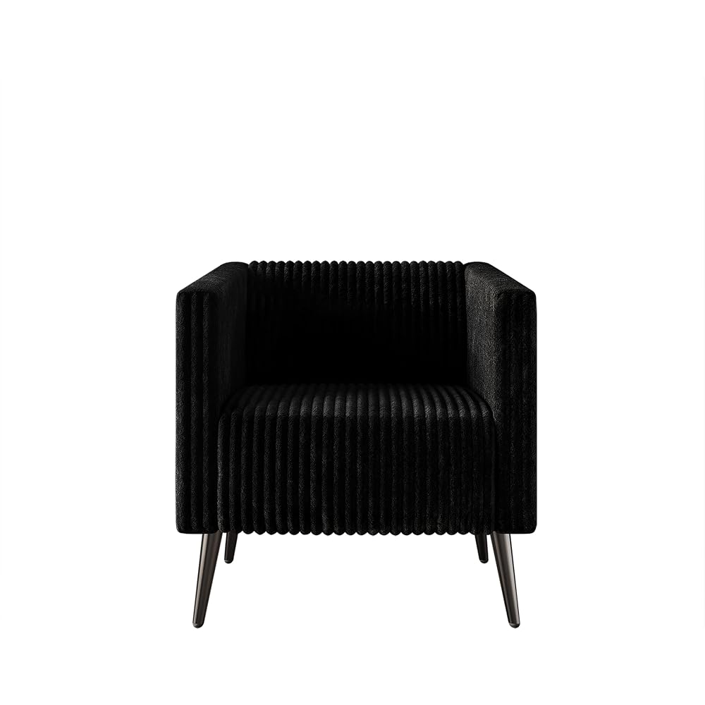 Modern Velvet Armchair with Vertical Channel Back, Padded Arms and Metal Legs, Black