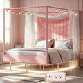Queen Canopy Bed with Tall Headboard, Charging Station & LED Light (Pink)