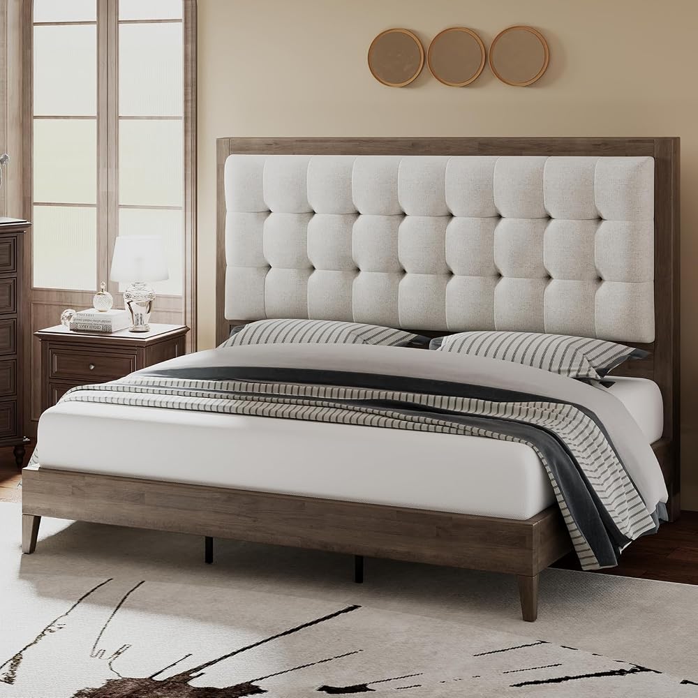 Solid Wood Queen Bed Frame,50" Upholstered Headboard,Ash Gray