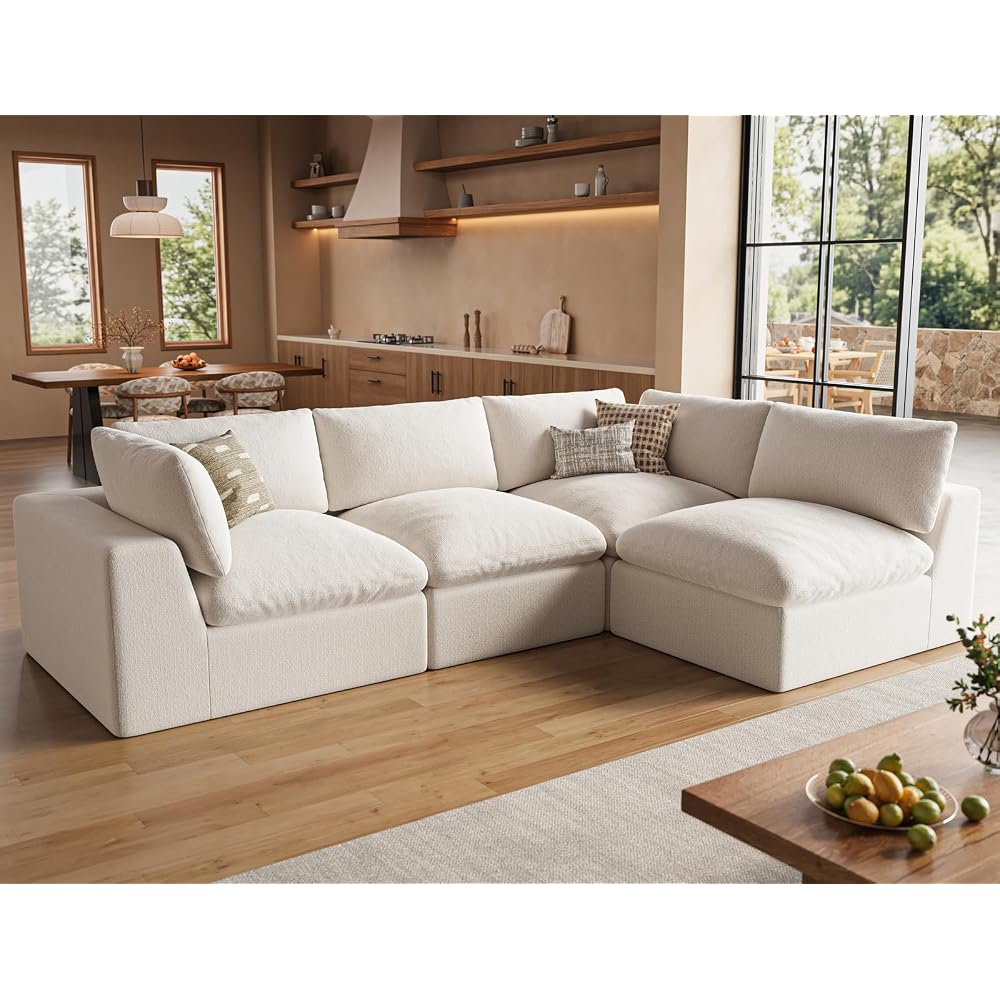 120" Cloud Sectional Couches for Living Room | Oversized Boneless Modular Sofa with 4 Seat L-Shaped Design | Deep Seat Chenille Couch | Ivory White