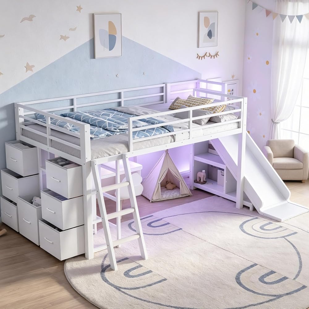 Twin Loft Bed with Slide & Ladder, Metal Kids Loft Bed with Storage Drawers & LED Lights, Low Loft Bed Twin Size with Wood Wardrobe & Bookcase, Loft Bed for Kids Teens, White