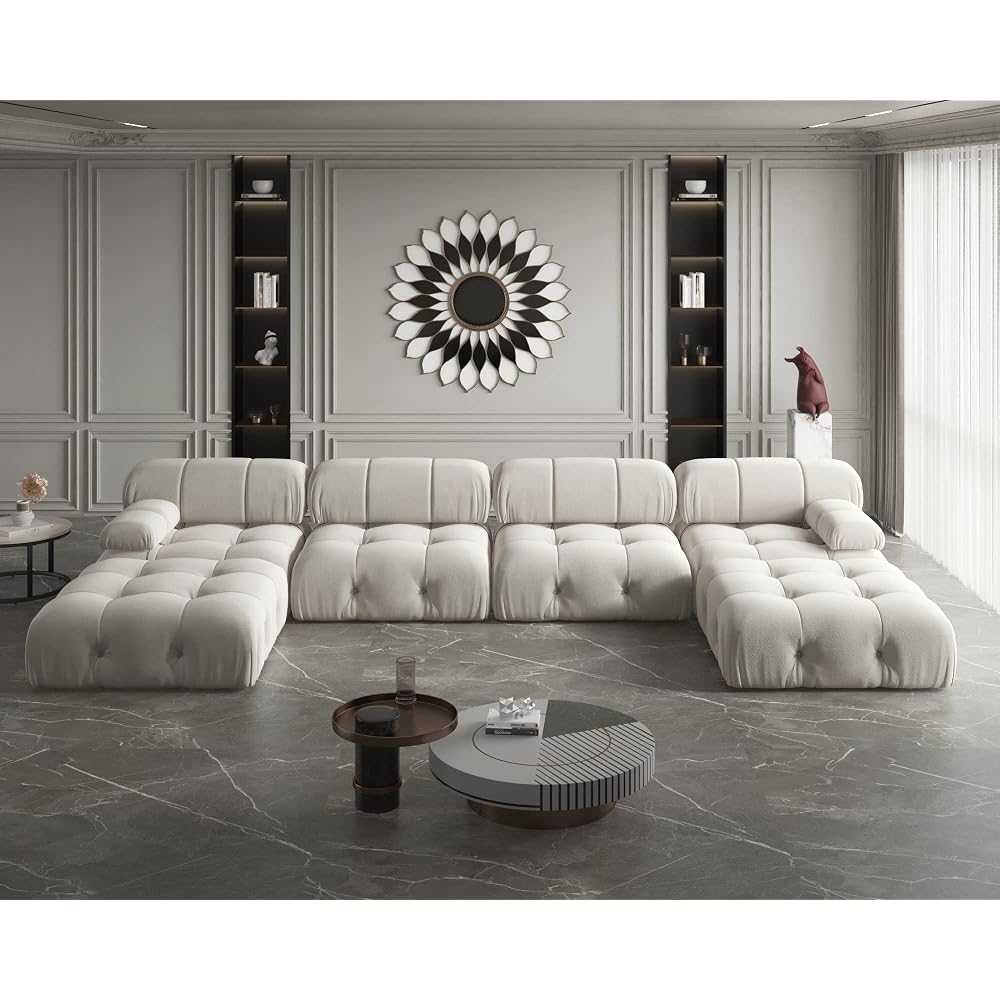 U-Shaped Sectional Couch, 138'' Modern Deep 4-Seat Couches, Minimalist Teddy Velvet Sectional Sofas with Chaise Ottomans, Convertible Modular Sleeper Sofa for Living Room Apartment (Beige)