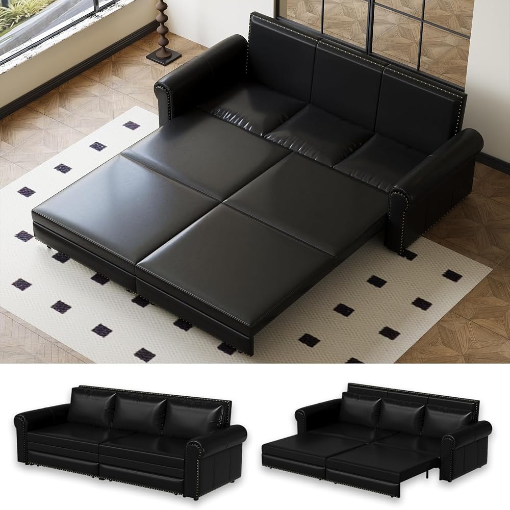 93.7" King Size Sleeper Sofa Bed, Pull Out Sofa Bed, Faux Leather Upholstery, 3 in 1 Convertible Sleeper Couch, Chaise Lounge, Retro Recliner for Living Room, Office, Apartment, Black
