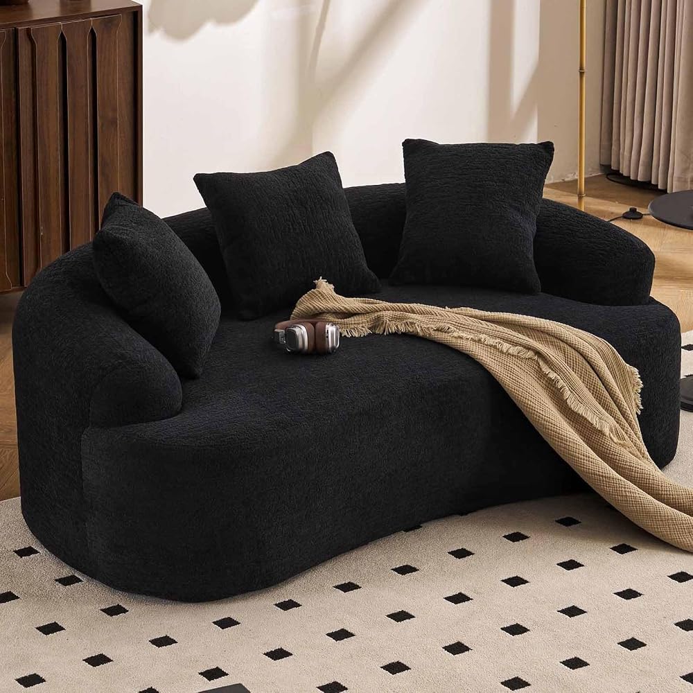 65” Black Curved Couch& Loveseat Sofa with 3 Pillows, Compression Couch with Round Armrest, Suitable for Small Space, Bedroom, Living Room, Memory Foam, Chenille, No Assembly (Black)