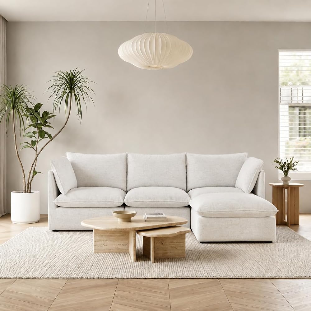 Waterproof Cloud Modular Sectional Sofa, 94.6" Down Filled Cloud Couches for Living Room, 4 Seater Modular Couch with Removable Covers, High Backrest, Cream White Linen Blend Spill-Proof Fabric