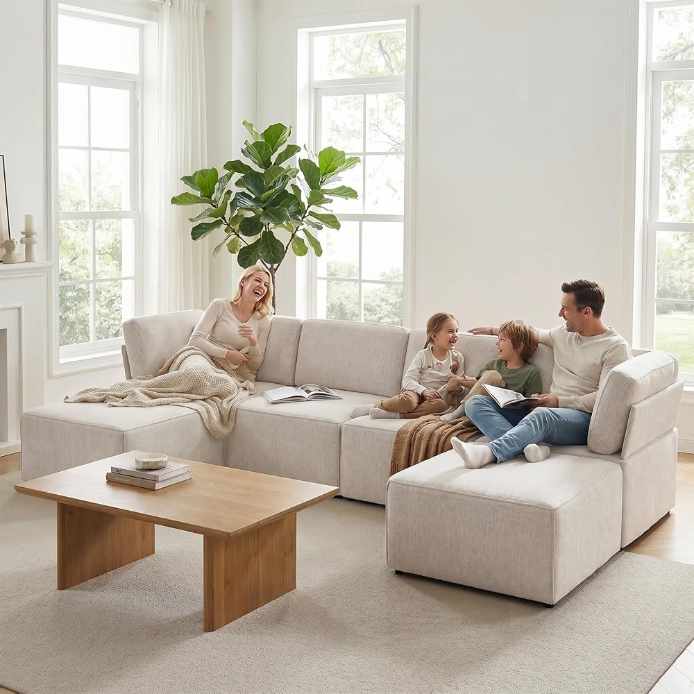 Modular Sectional Sofa, U Shaped Convertible Couch Sofa with Reversible Chaises, Queen Sleeper Sofa, Modular Oversized Sofa Couches for Living Room (Beige)