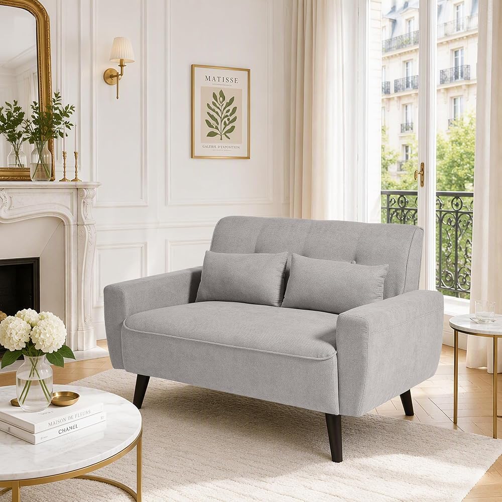 48.8" Small Loveseat Sofa, Mid Century Modern Love Seat Couch with Back Cushions and Plastic Legs, 2 Seater Couches for Living Room, Bedroom, Small Spaces, Light Grey