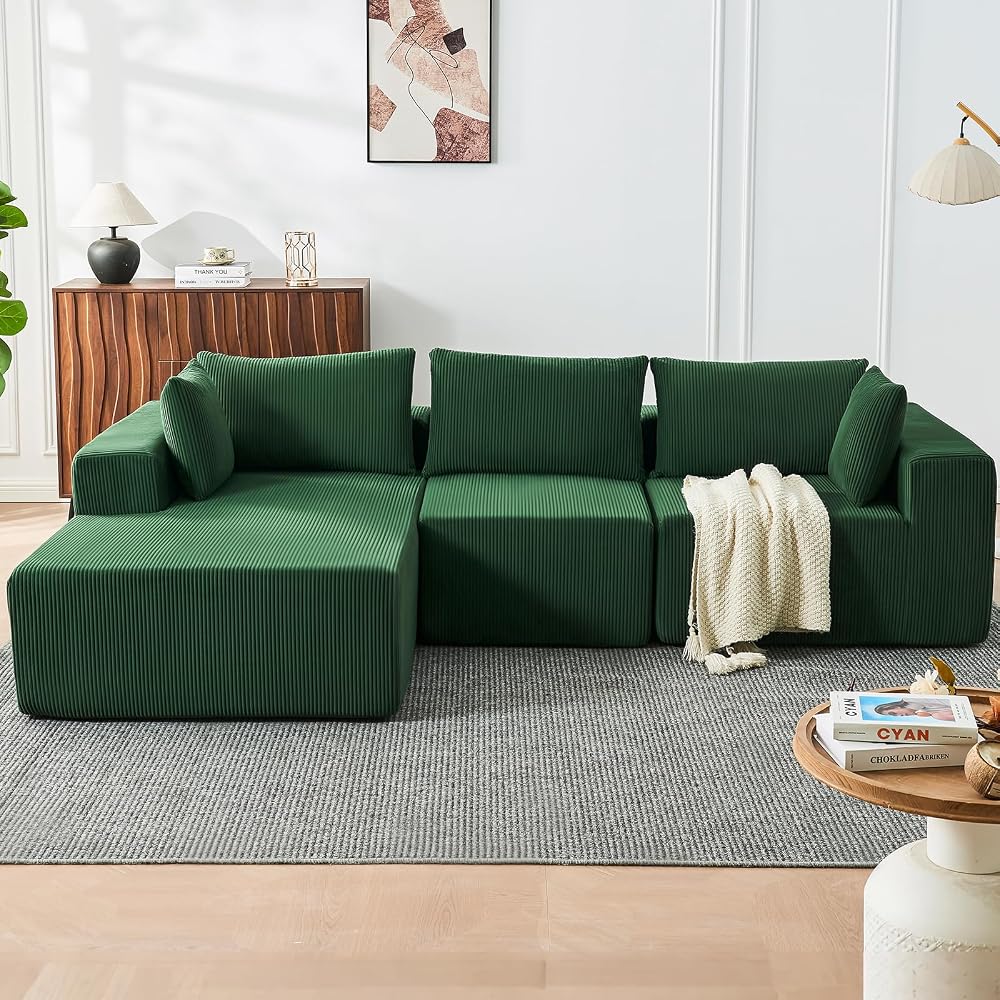108” Boneless Couches for Living Room, Cloud Modular Sectional Couch, Modular Sectional Sofa with Deep Seat, Modren Comfy Corduroy Fluffy Couch with L-Shaped Chaise, No Assembly Required, Green