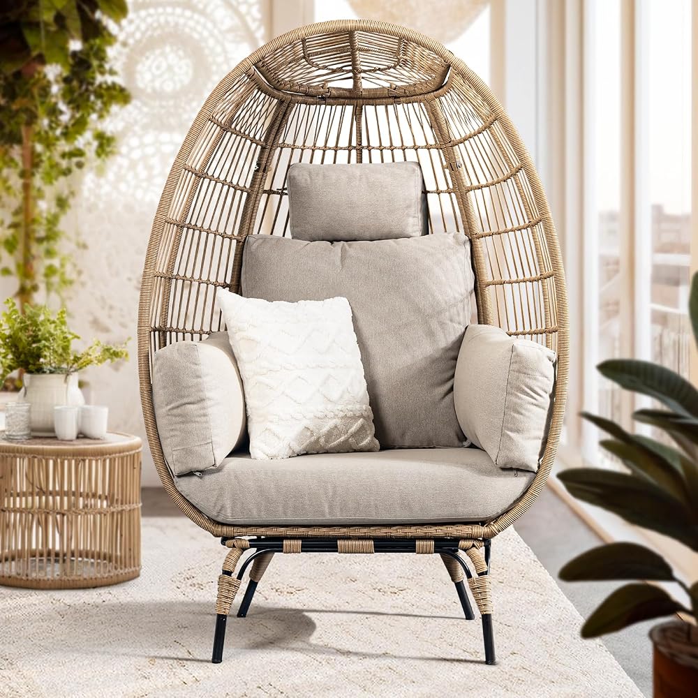 Heavy Duty 500 Lbs Capacity Oversized Wicker Egg Chair for Outside, UV 2000 Hours Material with Non-discolouring Fabric Cushion, Durable Against Water, Weather