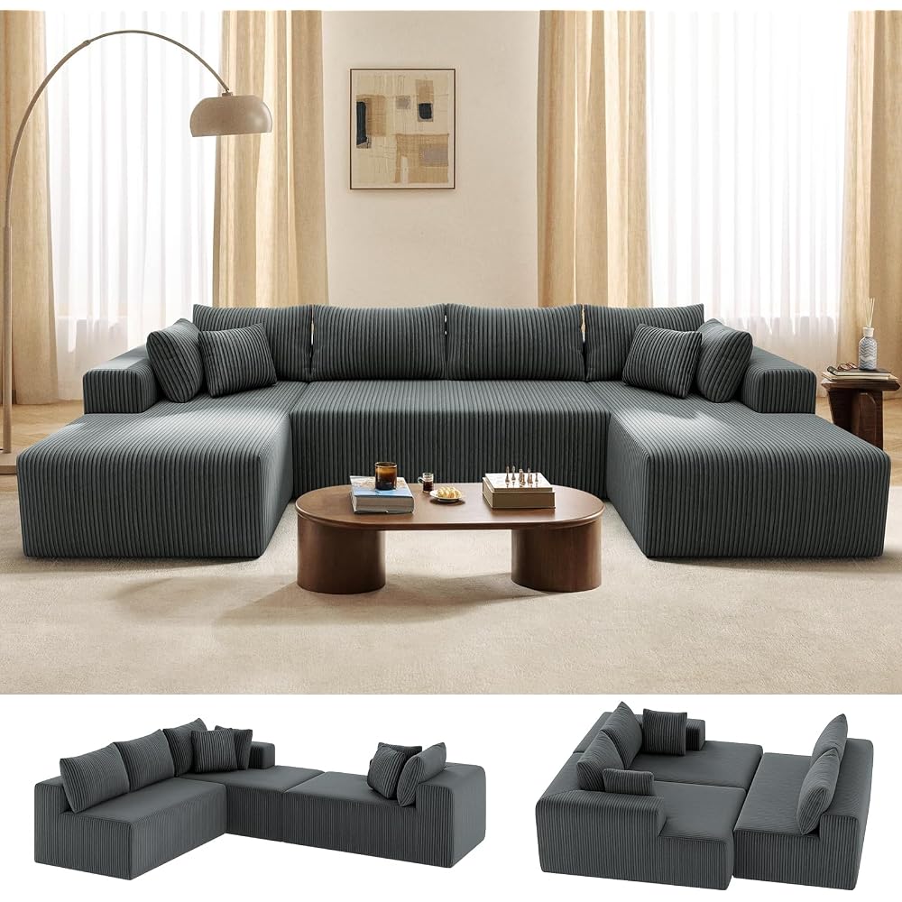 134'' Cloud Couch U-Shaped Sectional Sofa, Corduroy Boneless Couches