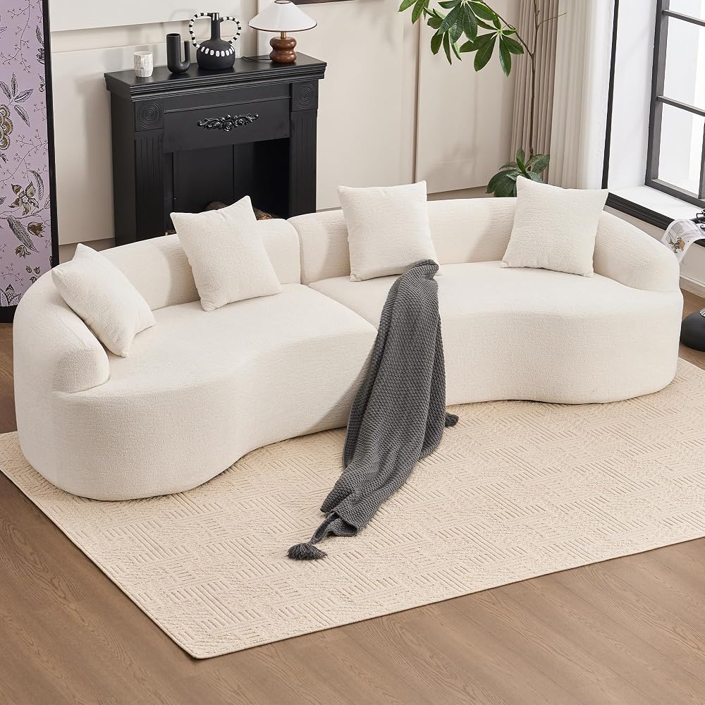 110‘’ Boneless Curved Sofa, Modern Cloud 4-Seater Floor Couch, Minimalist Compression Sofa for Living Room Apartment Studio Office, No Assembly Needed(Chenille, Beige White)
