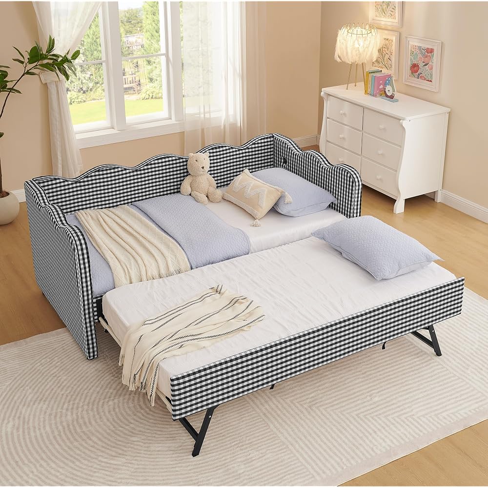 Twin Size Upholstery Gingham Daybed with Trundle and USB, Black