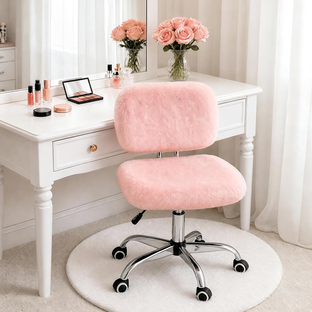 Vanity Chair with Wheels, Small Faux Fur Makeup Chair with Back Support for Bedroom & Dressing Room, Adjustable Swivel Rolling Chair, Armless, 10-Min Assembly, Pink