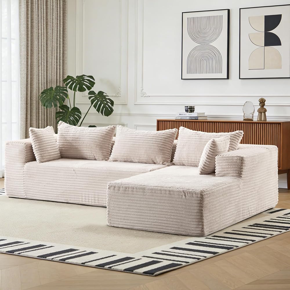96’’ Modular Cloud Couch,Modern L-Shaped Sectional Sofa for 3-Seater,Compressed Corduroy Sofa with Deep Seat & Cozy Cushions,Boneless Couch for Living Room(White,Right Facing Chaise)