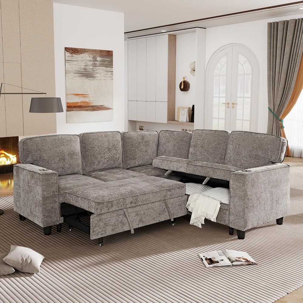 81" L-Shaped Oversized Chenille Modular Sectional Sleeper Sofa with Pull-Out Bed, Storage Seat, Modern 5-Seater Upholstered Couch Bed with Charging Station, Easy Assembly, for Living Room, Brown