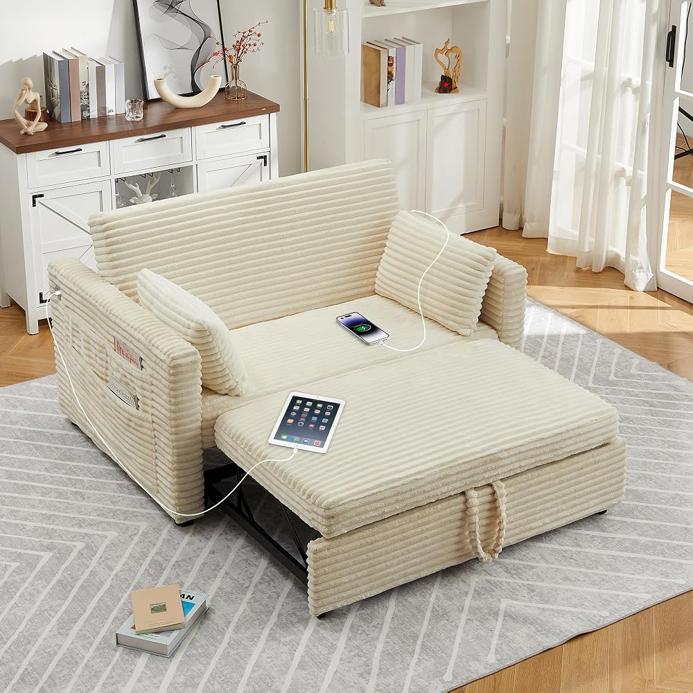 Futon Sofa Bed, 55'' Loveseat Corduroy Convertible Sleeper Sofa with Pull Out Couch and Adjustable Backrest, 2 Charging Stations, Side Pockets for Living Room, Apartment, Office, White