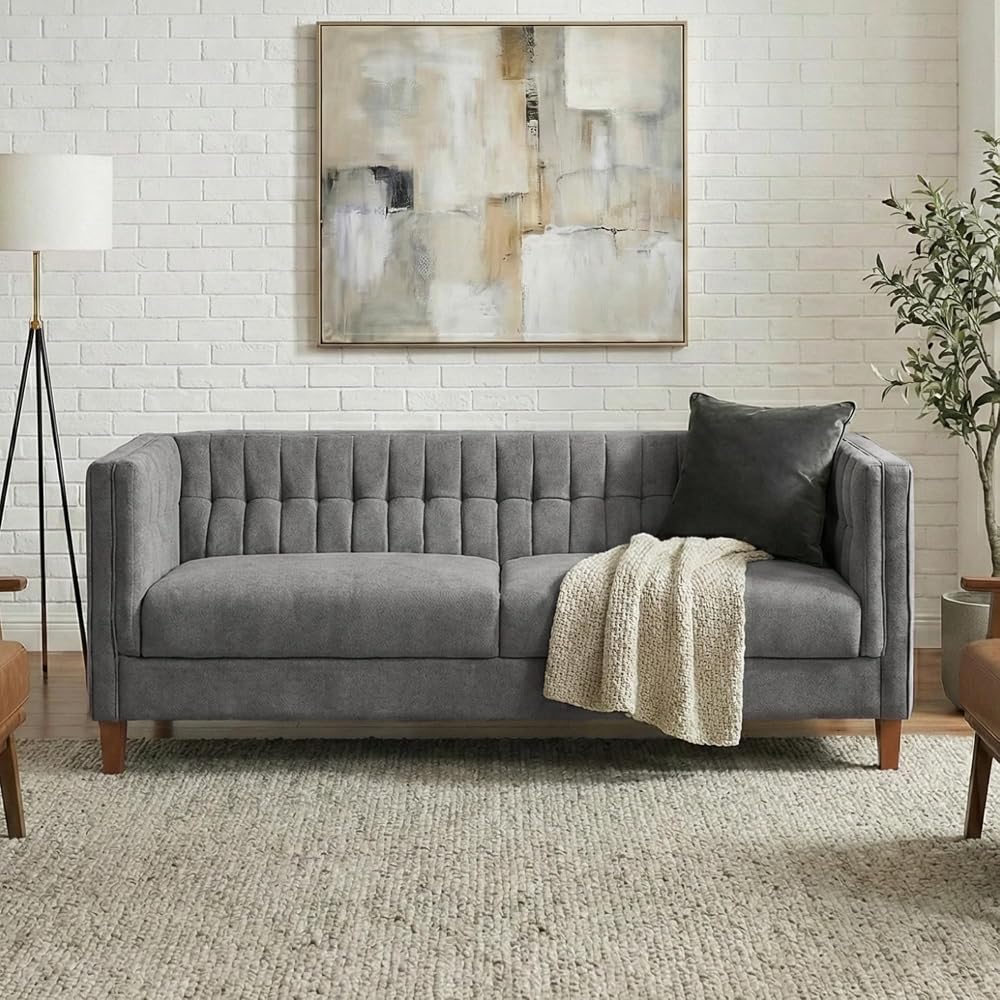 Modern 3 Seater Sofa 76 Inch Chenille Upholstered Couch with Curved Armrests Channel Tufted Back and Birch Wood Legs for Living Room Apartment, Gray