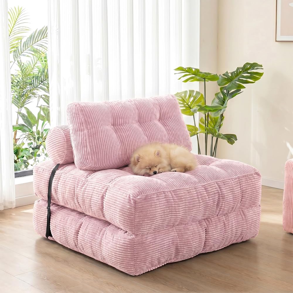 3-in-1 Folding Sofa Bed, Convertible Futon Chair Bed for Adults, Foldable Single Floor Sofa Sleeper with Pillow & Lumbar Support, Portable Floor Couch for Living Room, Bedroom, Dorm