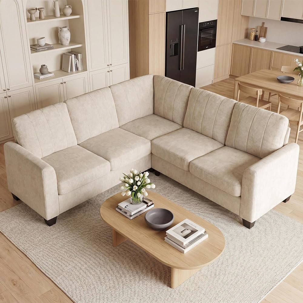 L Shaped Couch, Small Corner Sectional Sofa, Beige