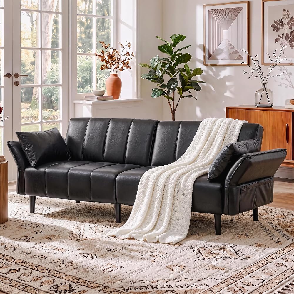 Faux Leather Futon Sofa Bed, Mid-Century Modern Loveseat Couch