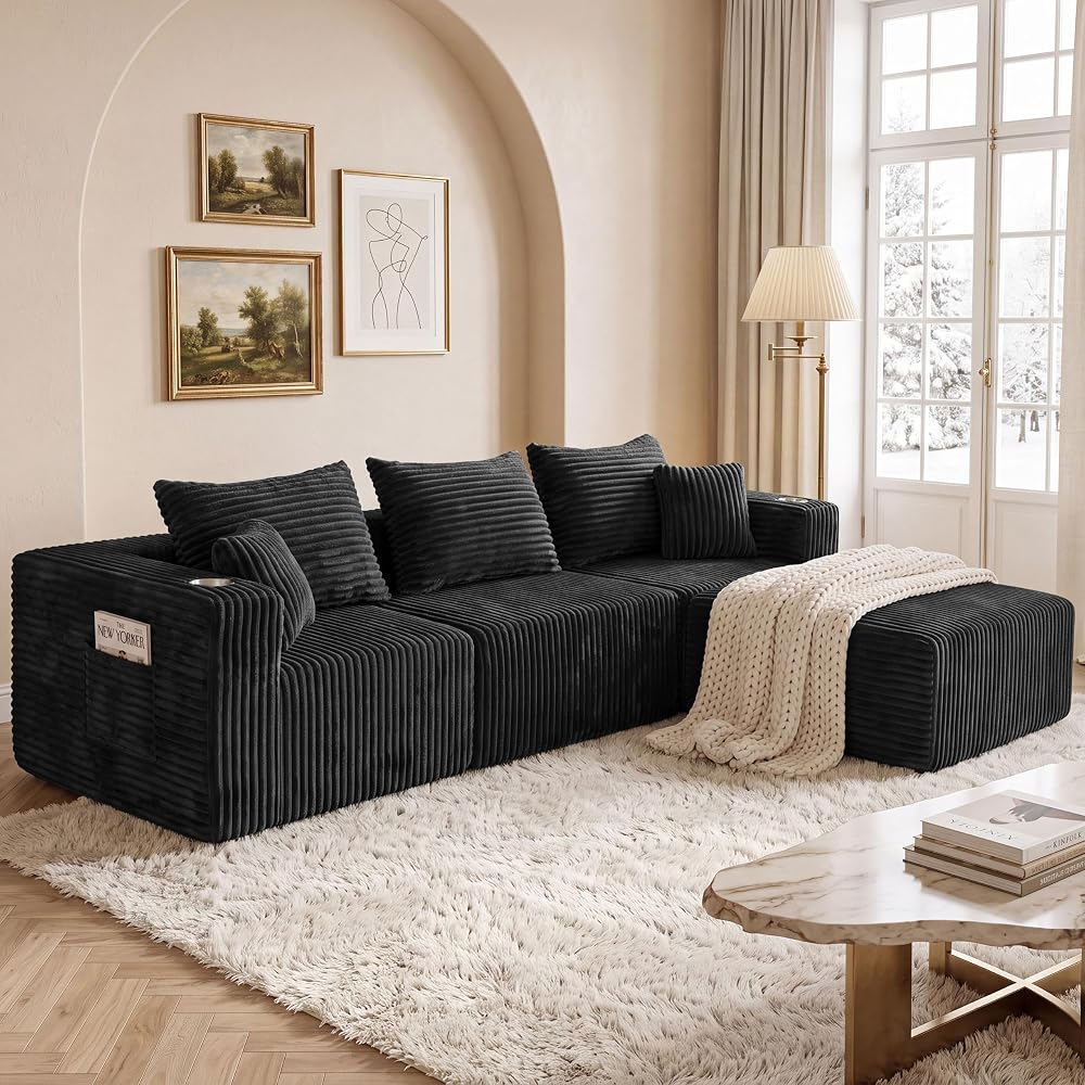102" Boneless Modular Sectional Sofa 4 Seater Foam Sectional Corduroy Couch with Ottoman, Cup Holders & Side Storage Pockets, No Assembly Needed (Black, 102" L Shape)