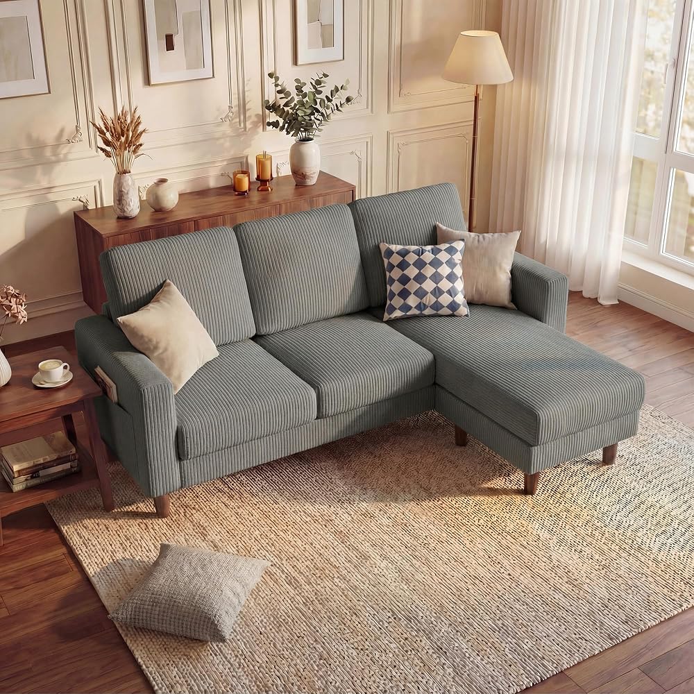 L-Shaped 3 Seat Convertible Sectional Couch with Ottoman